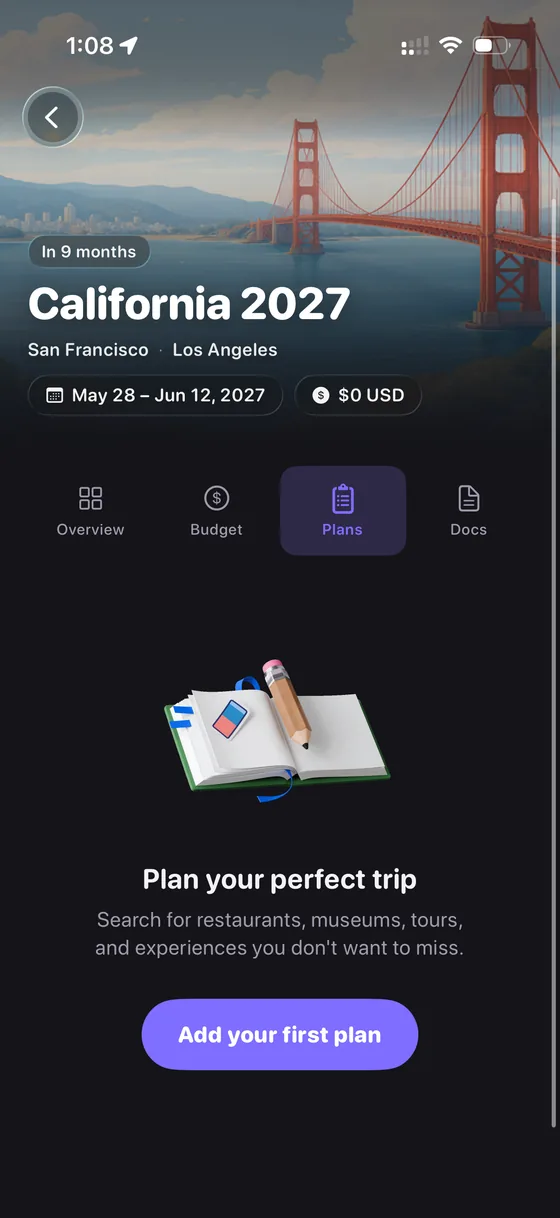 Plans & Activities screen of Plavia