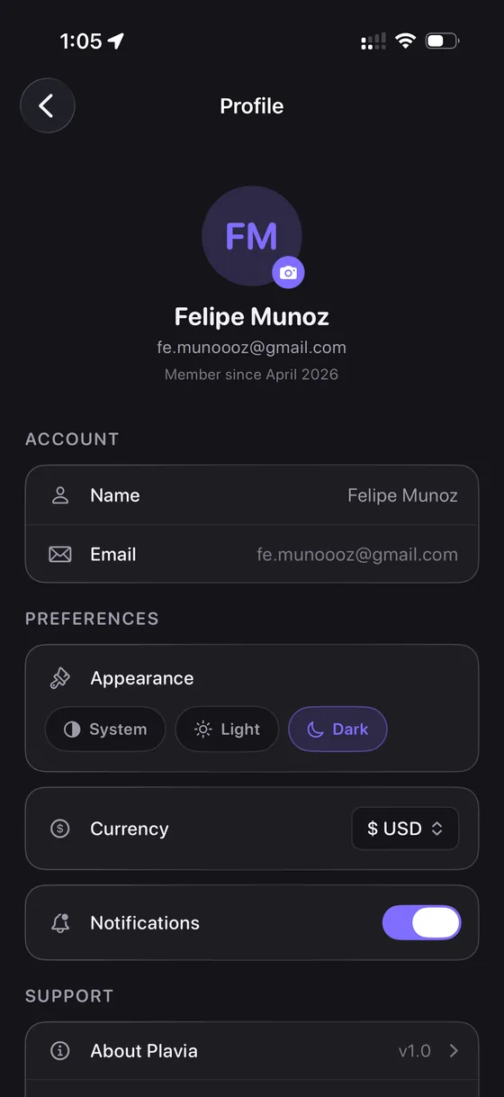 Profile & Settings screen of Plavia